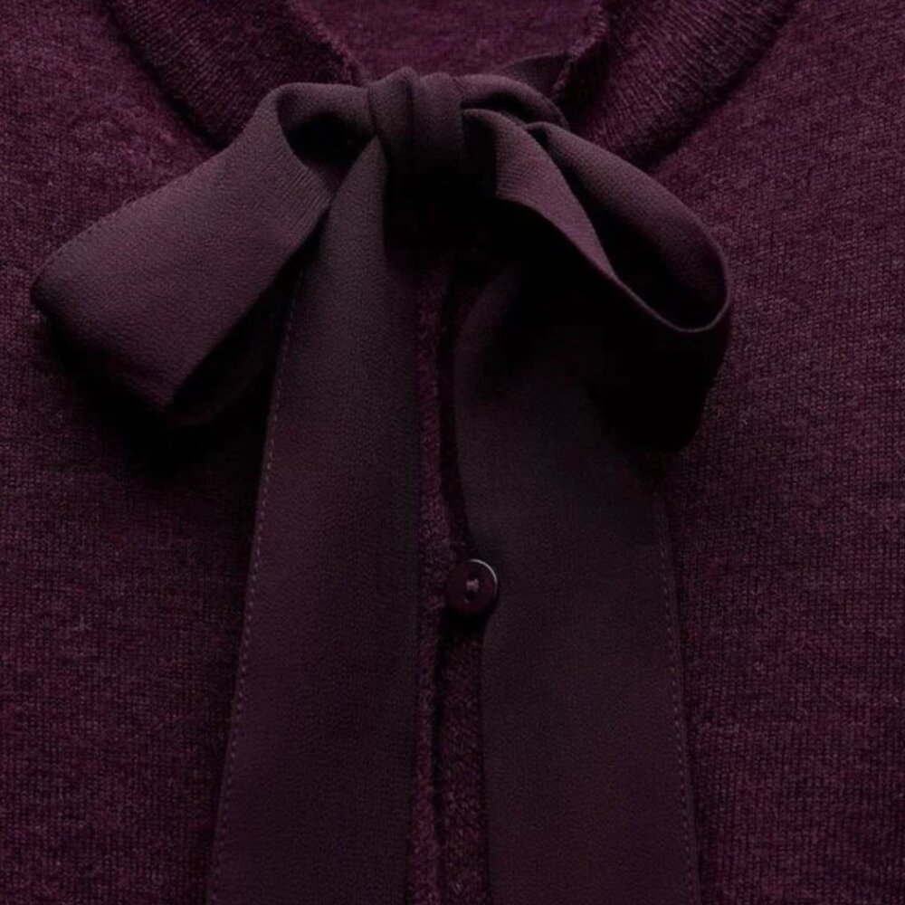 NWT ZARA WOOL AND ALPACA BLEND TIED CARDIGAN EGGPLANT - Picture 4 of 6